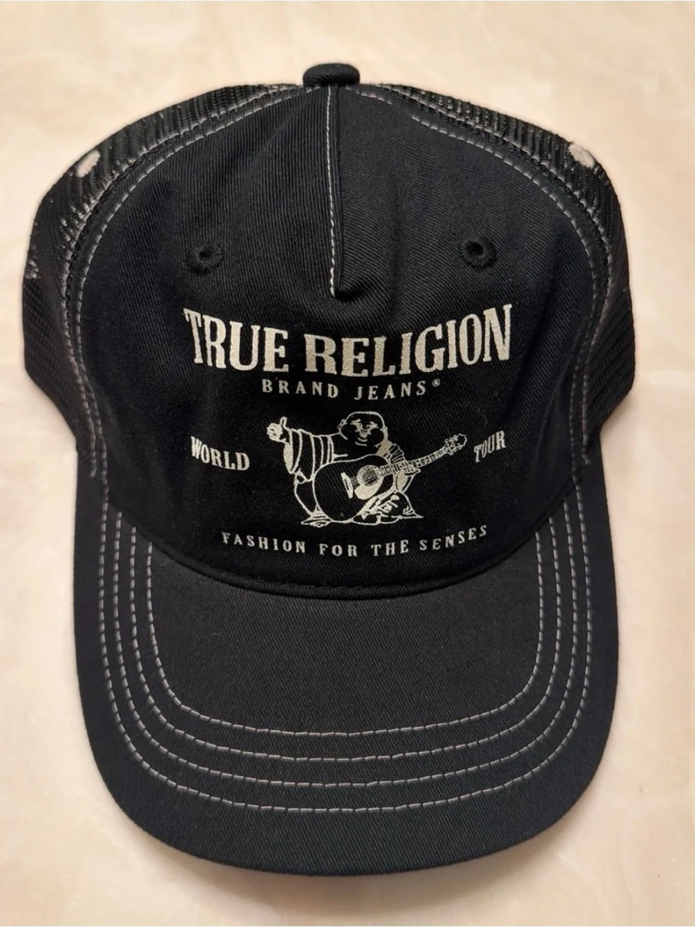 True Religion Black Cap with White Logo Guitar Graphic
